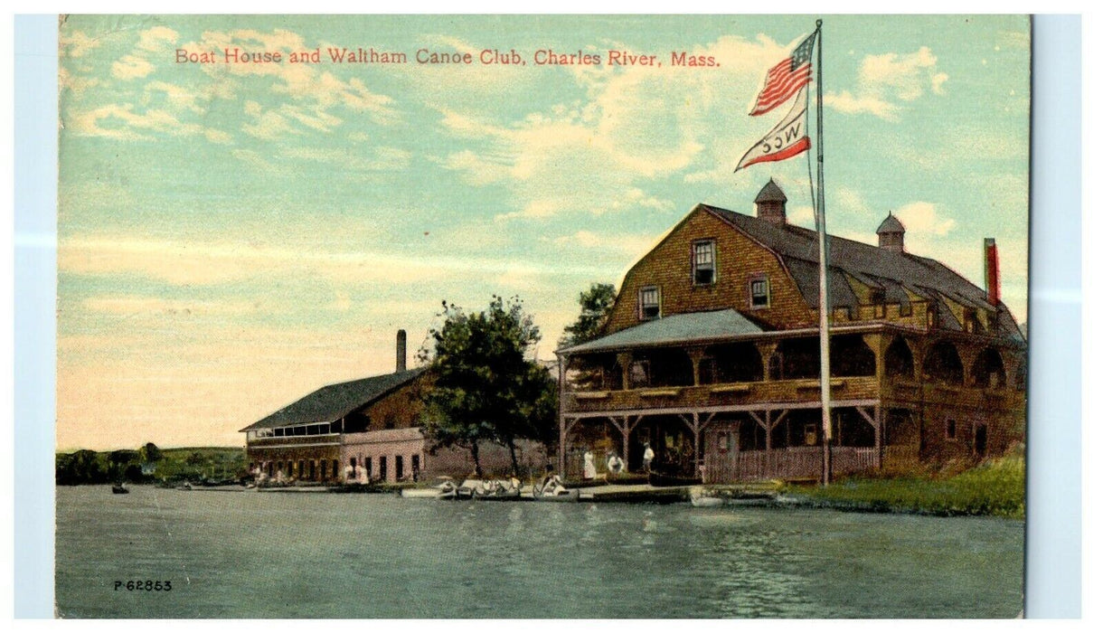 1916 Boathouse and Waltham Canoe Club, Massachusetts MA Antique Postcard