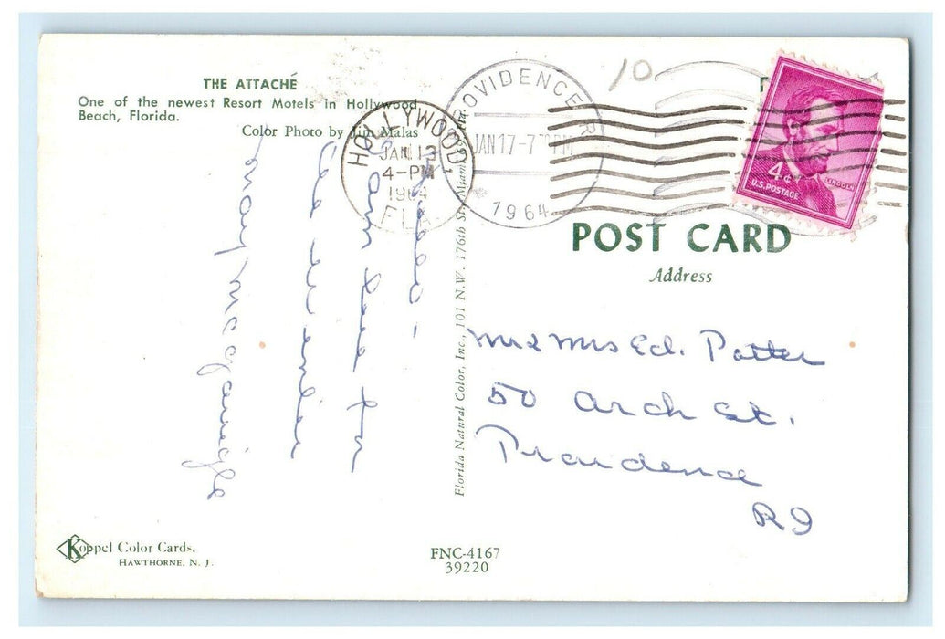 1964 The Attache Newest Resorts Motel Hollywood Beach Florida FL Postcard