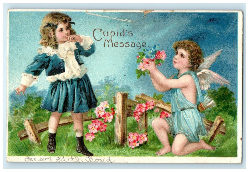 Valentine Cupid Angel Courting Girl With A Bouquet Of Flowers Embossed Postcard