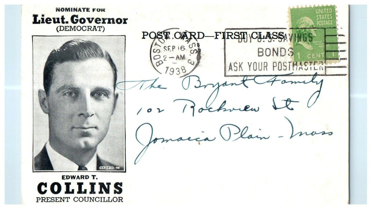 1938 Edward T Collins Buy U.S. Savings Cancel Political Advertising Postcard