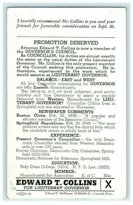 1938 Edward T Collins Buy U.S. Savings Cancel Political Advertising Postcard