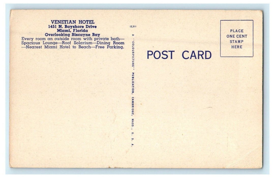 c1950's Venetian Hotel Overlooking Biscayne Bay Miami Florida FL Postcard