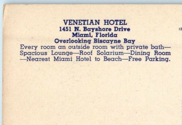 c1950's Venetian Hotel Overlooking Biscayne Bay Miami Florida FL Postcard