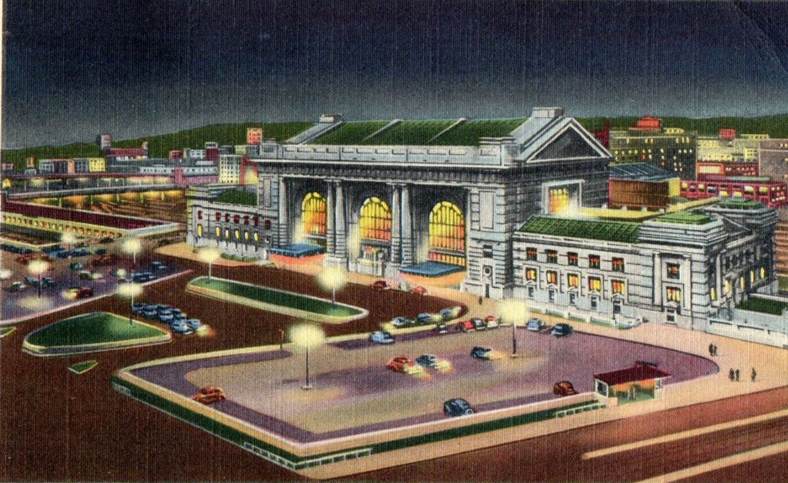 1943 Union Station By Night, Kansas City Missouri MO Posted Vintage Postcard