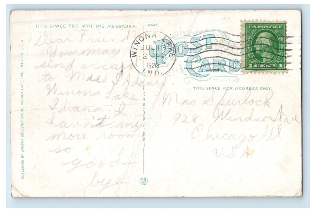 1920 View of Auditorium, Winona Lake Indiana IN Antique Posted Postcard
