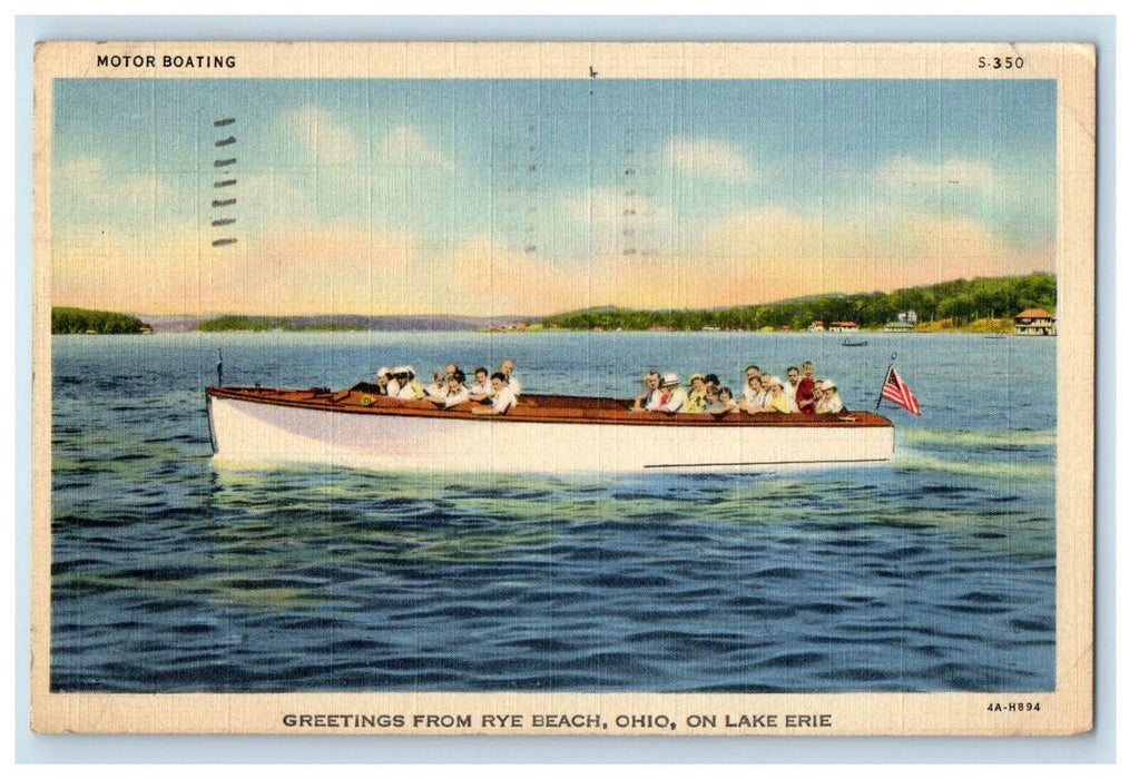 1943 Motorboating on Lake Erie Greetings from Rye Beach Ohio OH Postcard