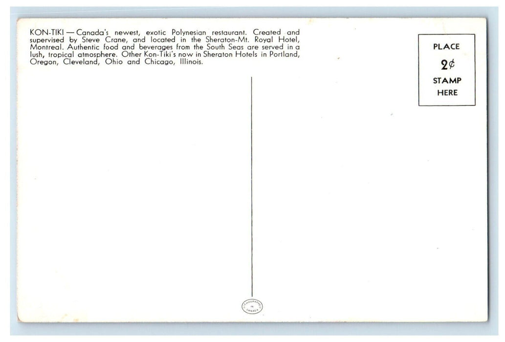 Kon-Tiki Canada's Newest Exotic Polynesian Restaurant Sheraton Mt. Postcard