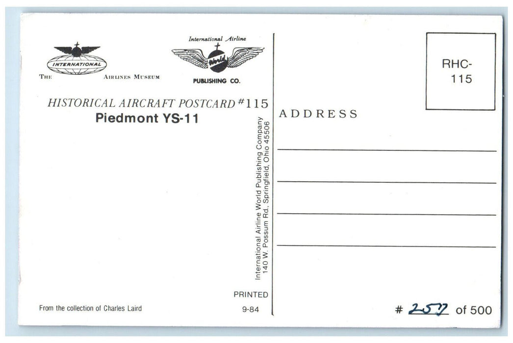 c1960s From The Collection of Charles Laird Piedmont YS-11 Airplane Postcard