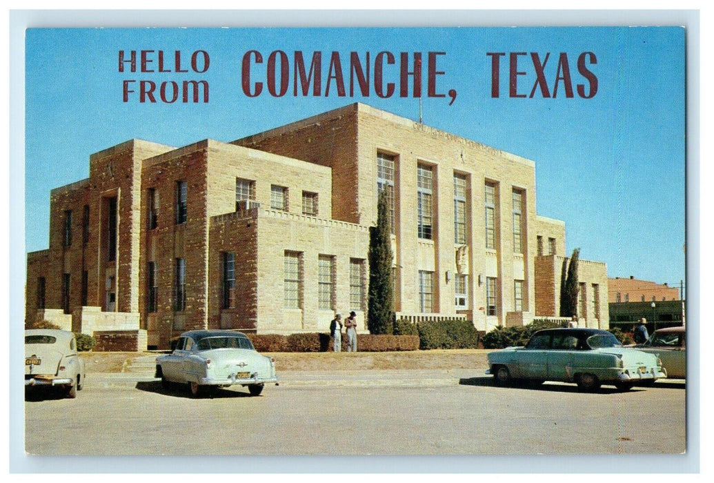 c1950's Hello From Comanche Texas TX, Building Cars Unposted Vintage Postcard