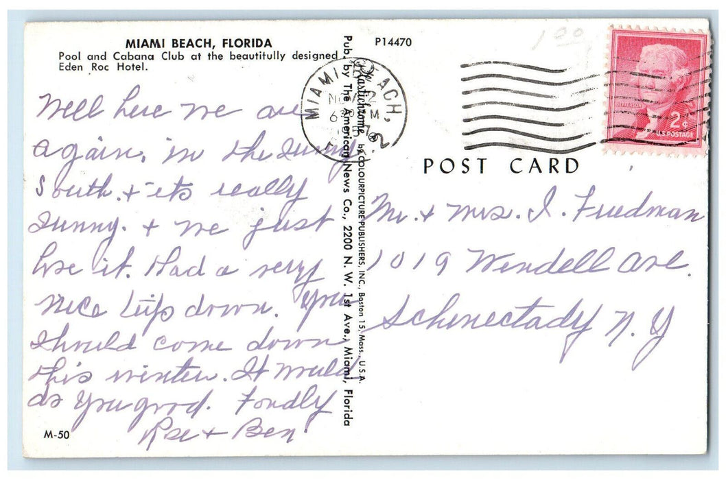 1957 Pool and Cabana Club Eden Roc Hotel Miami Beach Florida FL Postcard