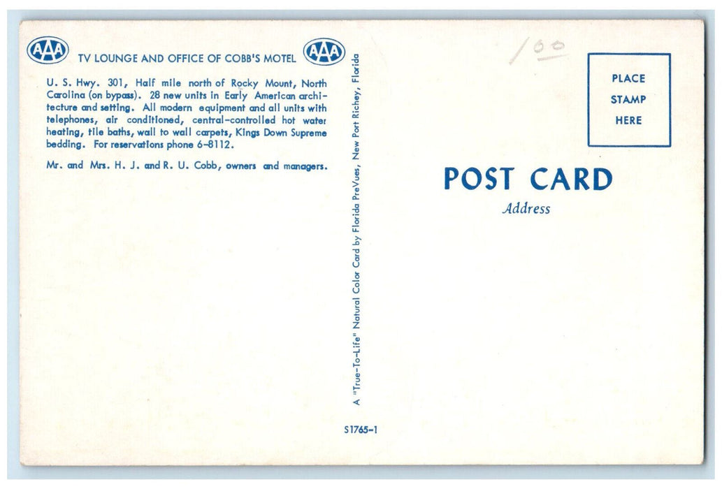 c1960s TV Lounge and Office of Cobb's Motel, North of Rocky Mount NC Postcard