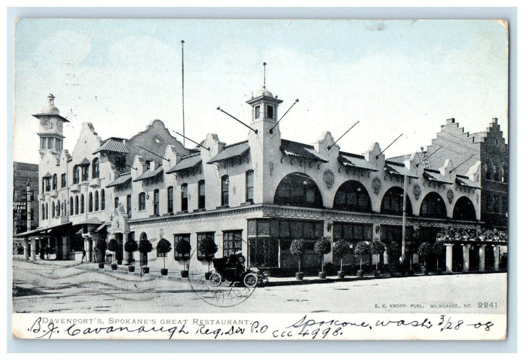 1908 Spokane WA, Davenport's Spokane's Great Restaurant Street View Postcard