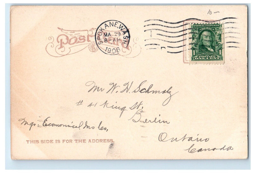 1908 Spokane WA, Davenport's Spokane's Great Restaurant Street View Postcard
