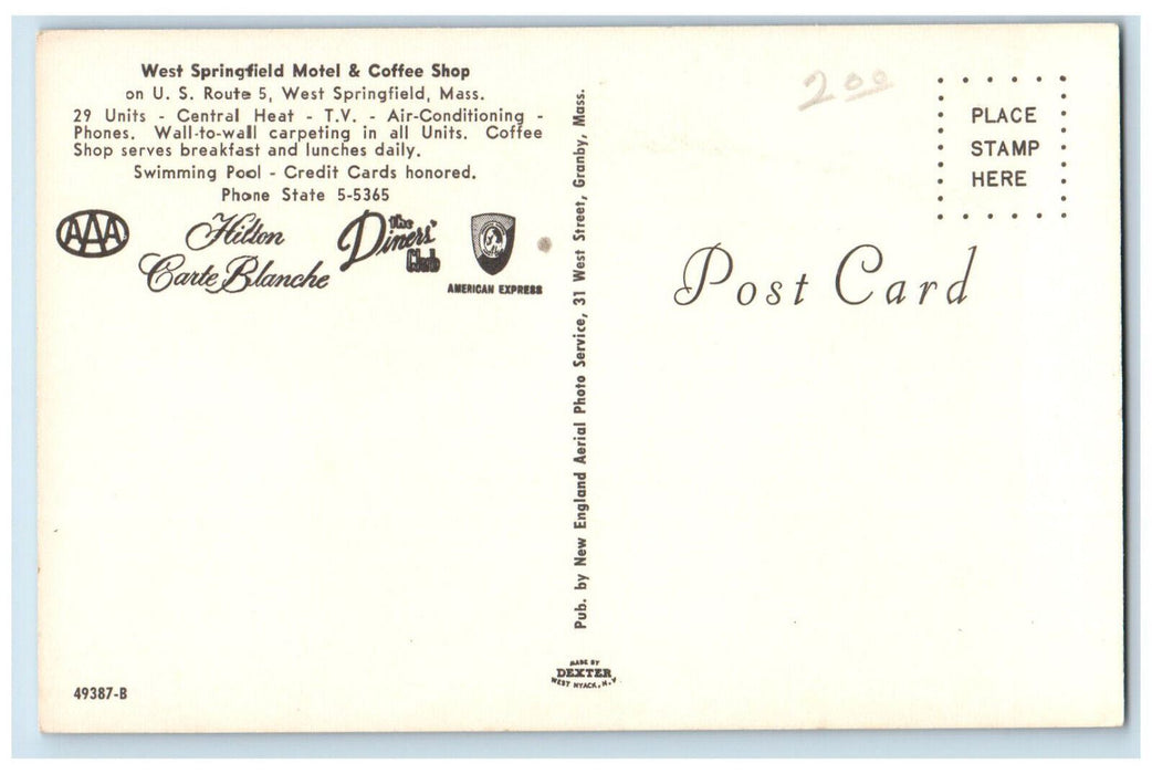 c1960's West Springfield Motel & Coffee Shop, Massachusetts MA Postcard