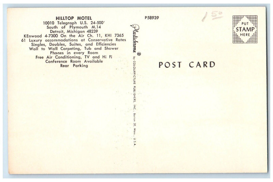 c1950's Hilltop Motel Cars Detroit Michigan MI, Multiview Vintage Postcard