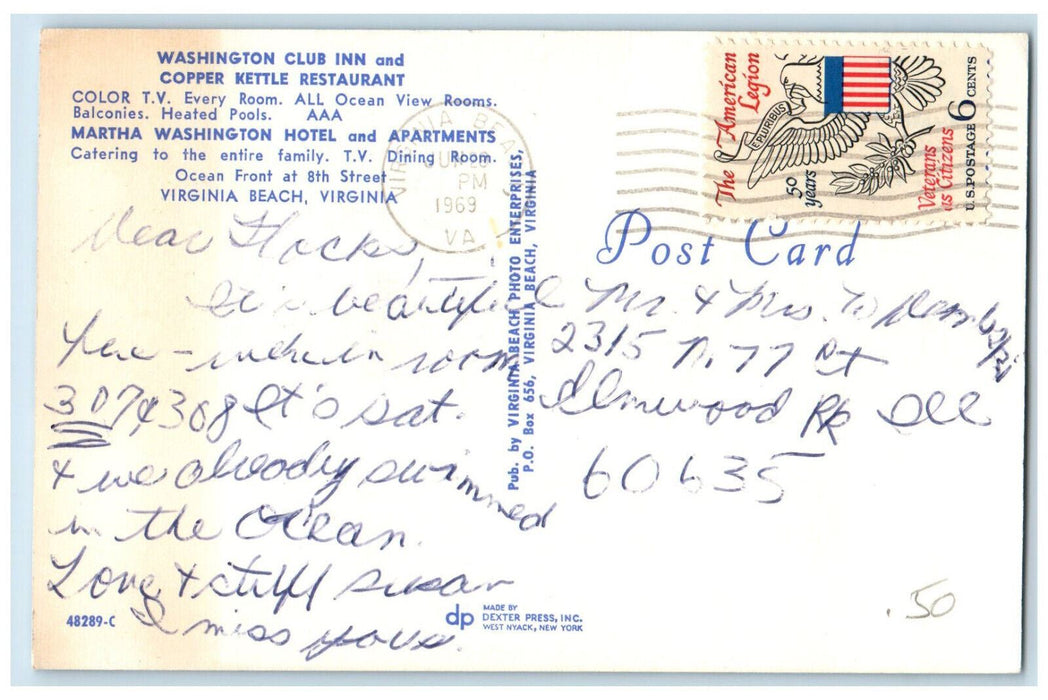 1969 Washington Club Inn and Copper Kettle Restaurant Virginia Beach VA Postcard