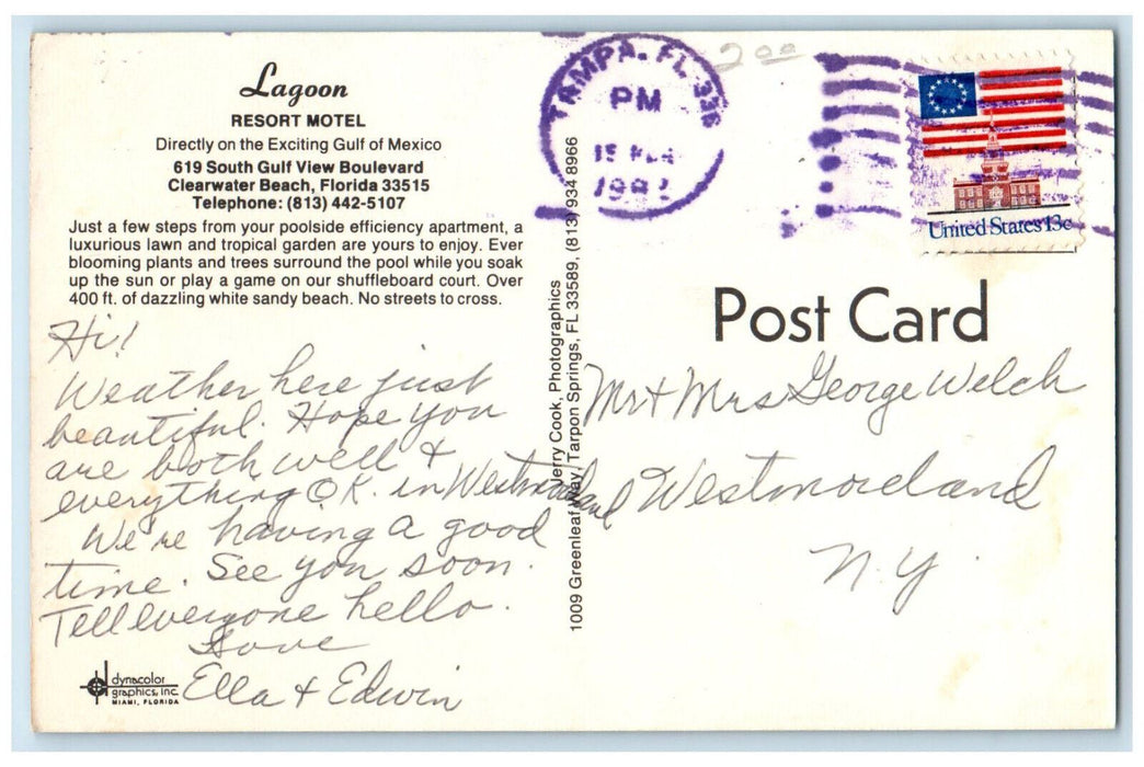 c1980's Lagoon Resort Motel, South Gulf View Blvd. Clearwater Beach FL Postcard