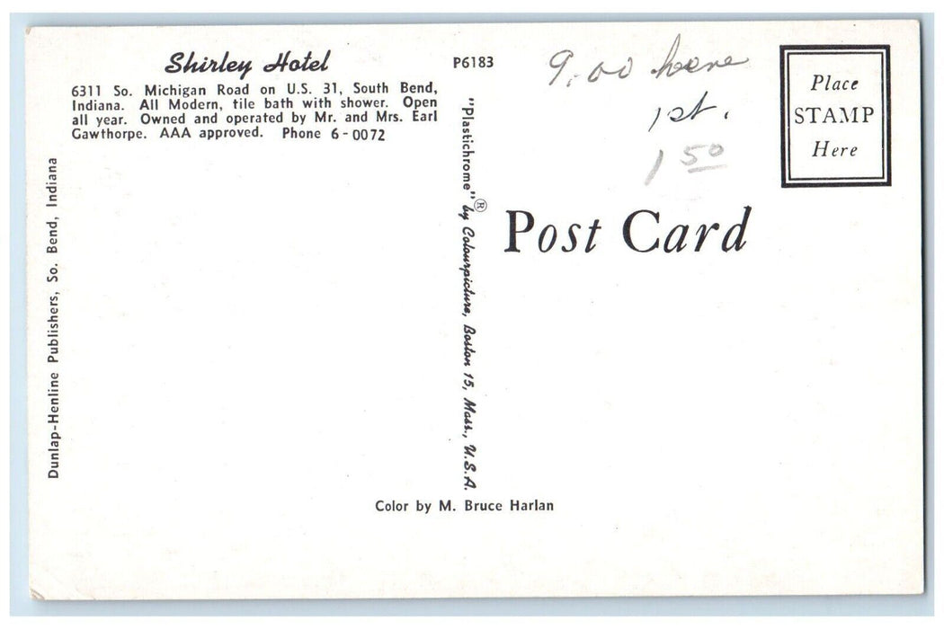Shirley Hotel South Michigan Road On U.S. 31 South Bend Indiana IN Postcard