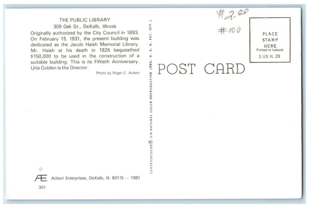 c1970s The Public Library Oak Street De Kalb Illinois IL Unposted Postcard