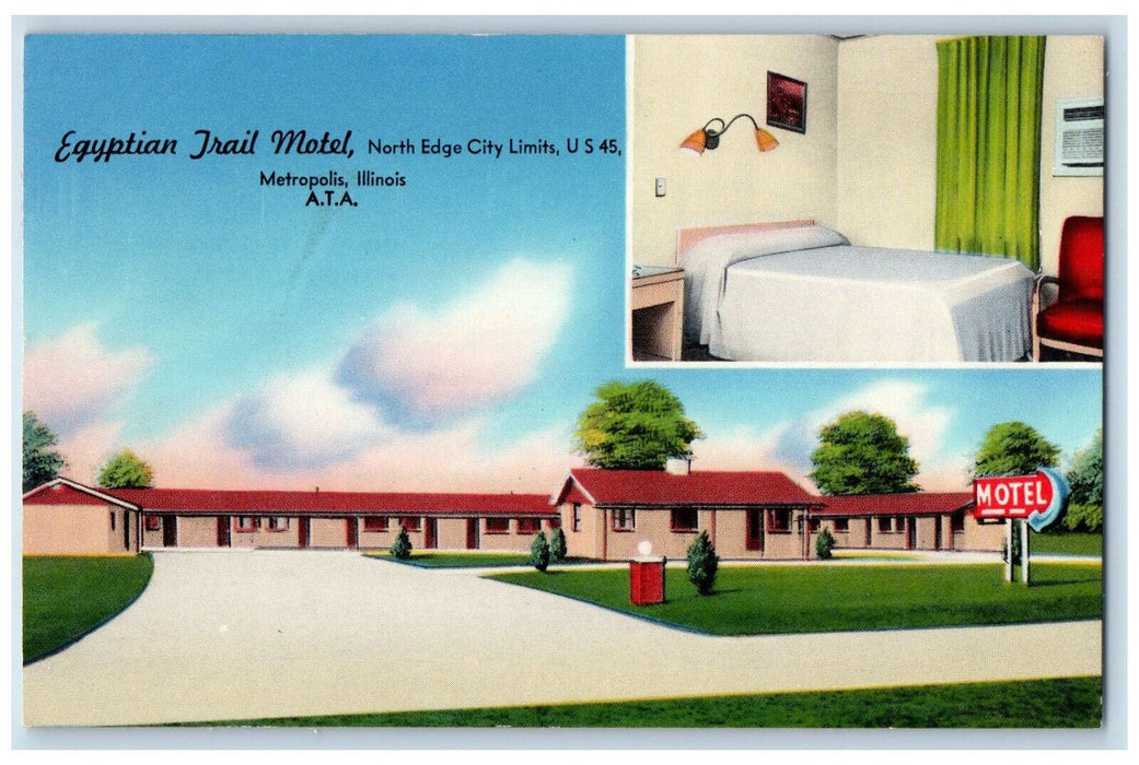 1965 Egyptian Trail Motel, North Edge City Limits Metropolis IL Postcard