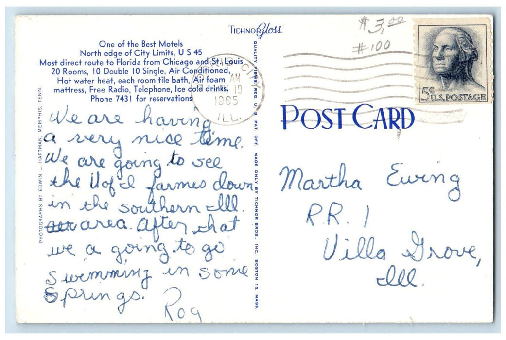 1965 Egyptian Trail Motel, North Edge City Limits Metropolis IL Postcard