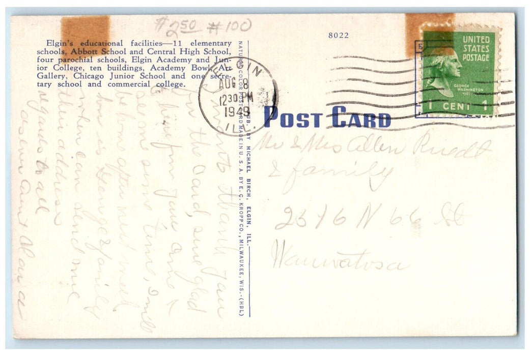 1949 High School Building Elgin Illinois IL Posted Vintage Postcard
