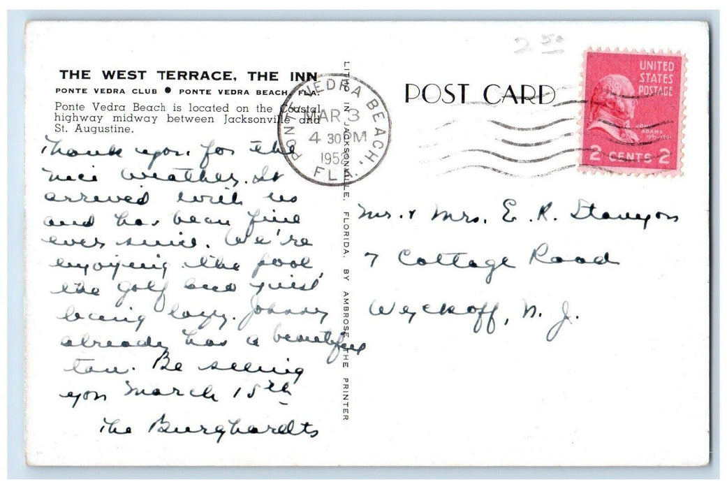 1952 The West Terrace, The Inn Ponte Vedra Club Beach Florida FL Posted Postcard