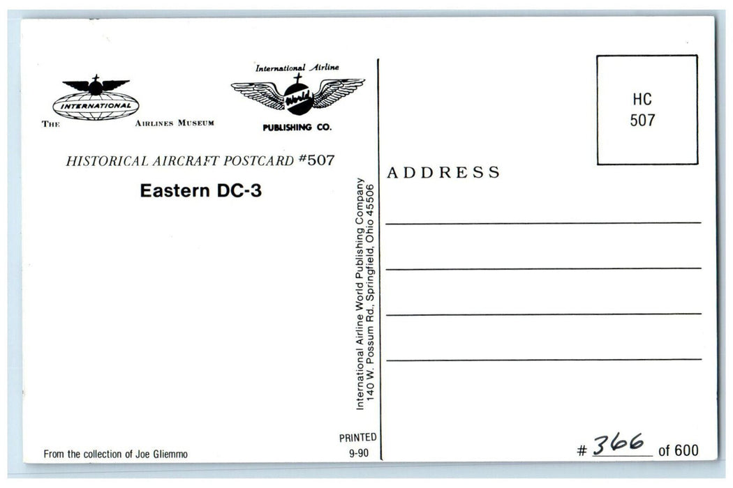 c1960's Fly Eastern Air Lines DC-3 Airplane #507 Historical Aircraft Postcard