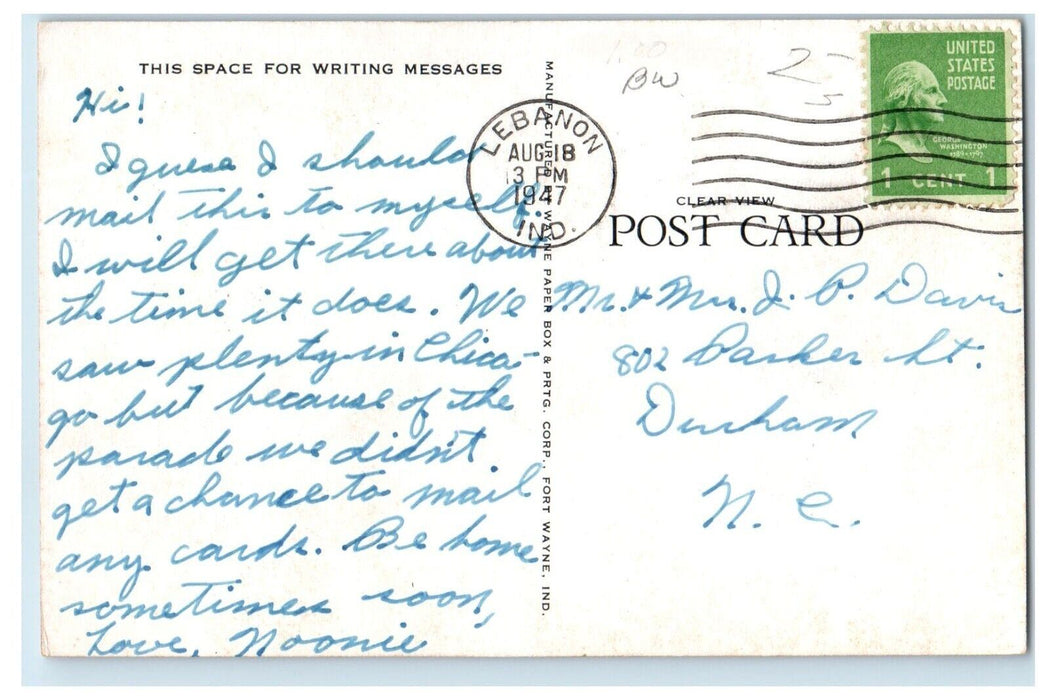 1947 Witham Memorial Hospital Building Lebanon Indiana IN Antique Postcard