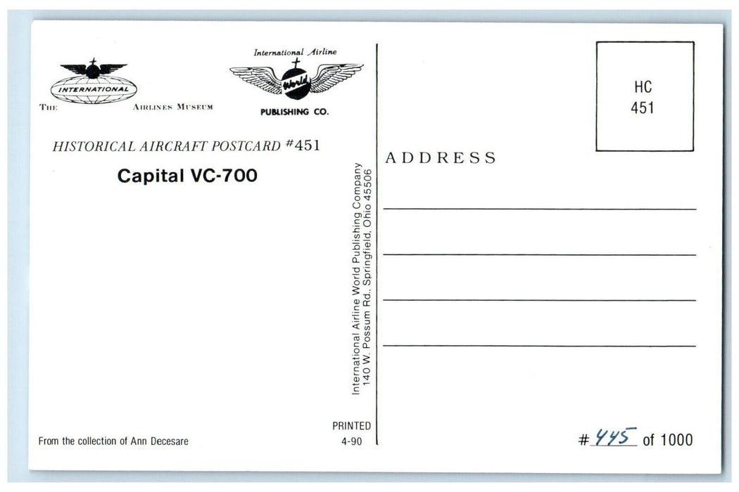 c1960s Capital VC-700 Airplane, Unposted #451 Historical Aircraft Postcard