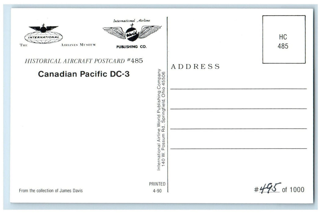 c1960's Canadian Pacific DC-3 Airplane #485 Historical Aircraft Postcard