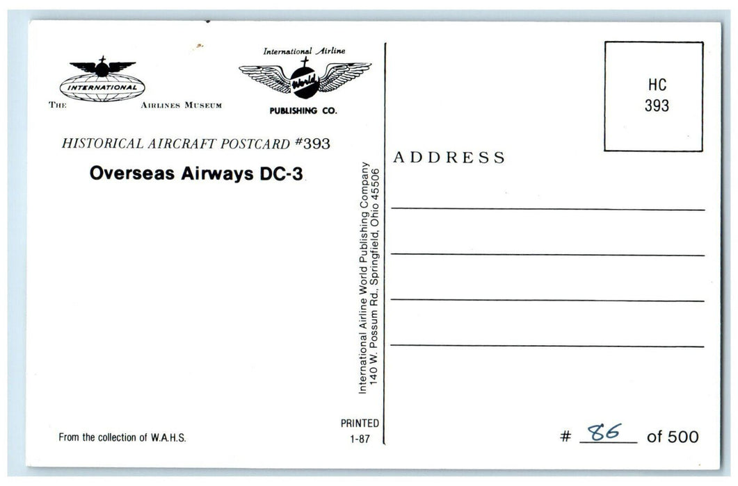 c1960's Overseas Airways DC-3 Airplane #393 Historical Aircraft Postcard