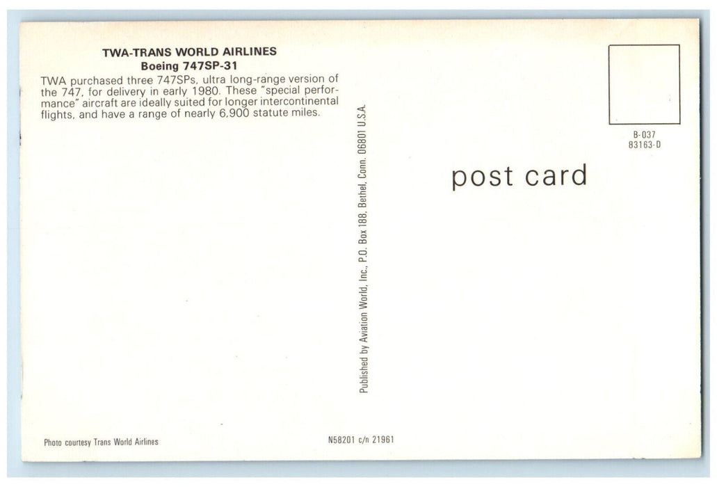 c1980s TWA-Trans World Airlines Boeing 747SP-31 Airplane Aviation World Postcard