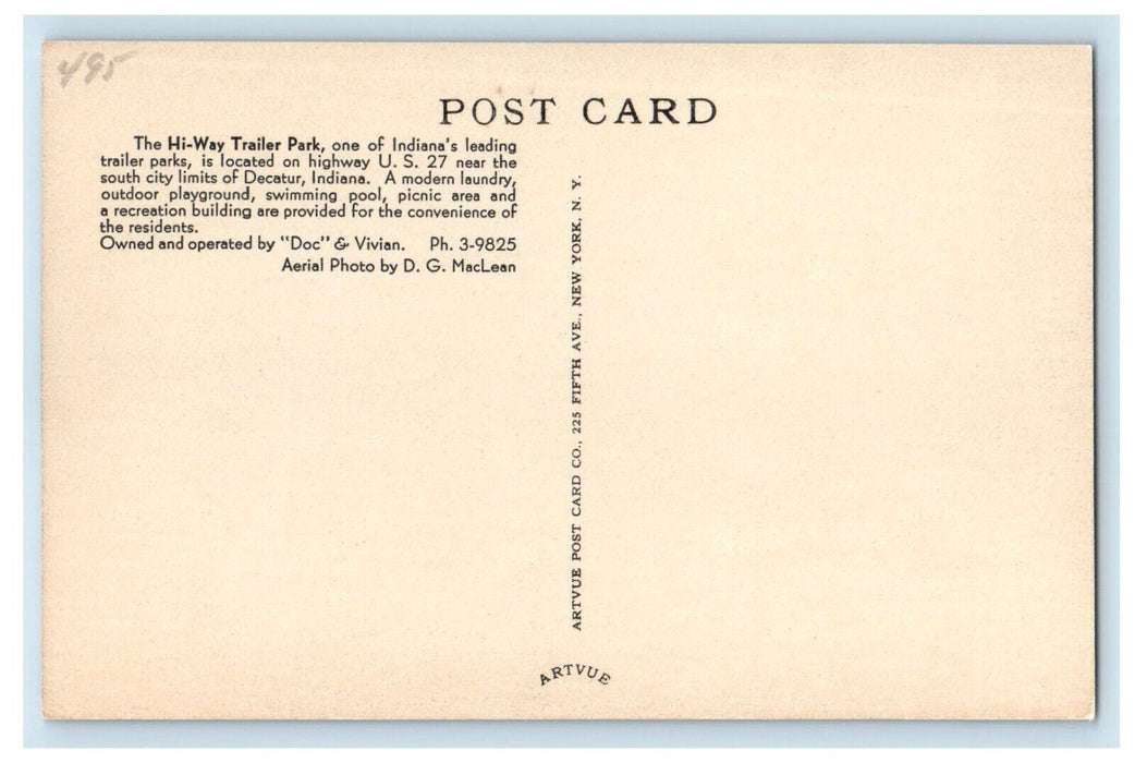 c1930's Hi-Way Trailer Park U.S. 27 South Decatur Indiana IN Vintage Postcard