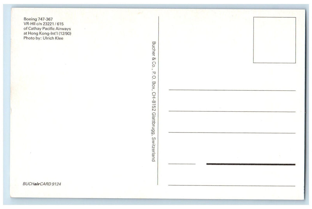 1990 Boeing 747-367 VR-HII c/n 23221/615 Cathay Pacific Airplane Postcard