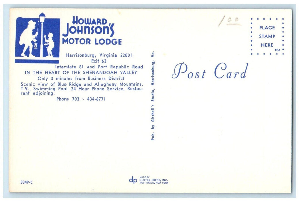 Howard Johnson's Motor Lodge Harrisonburg Virginia VA, Room View Postcard