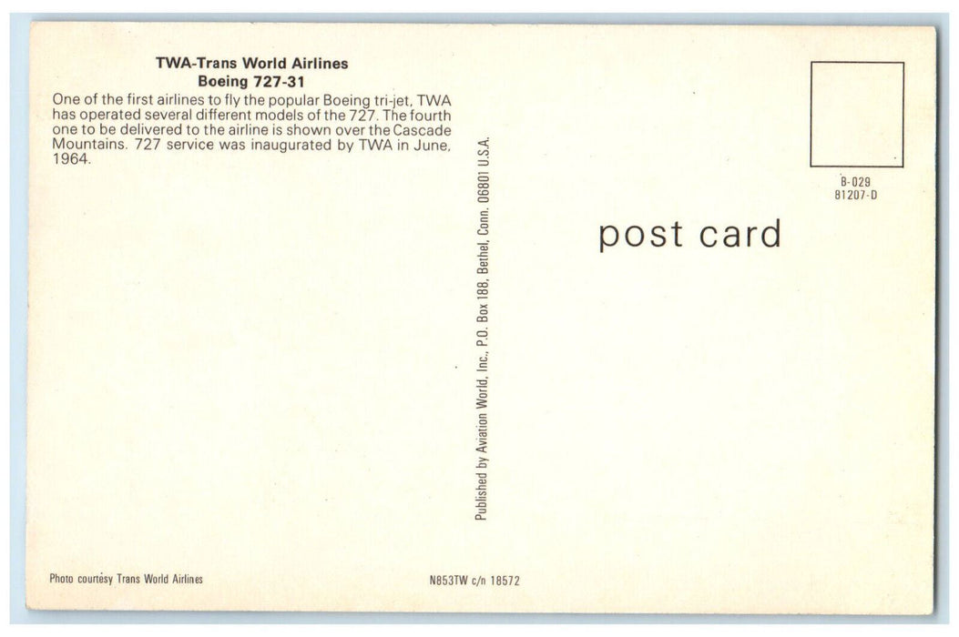 c1970's TWA-Trans World Airlines Boeing 727-31 Airplane N853TW Postcard