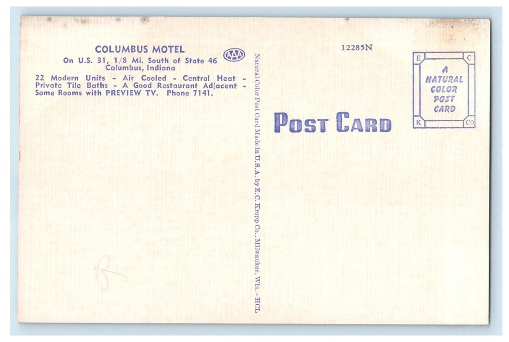 Columbus Hotel Scene Roadside Columbus Indiana IN Unposted Vintage Postcard
