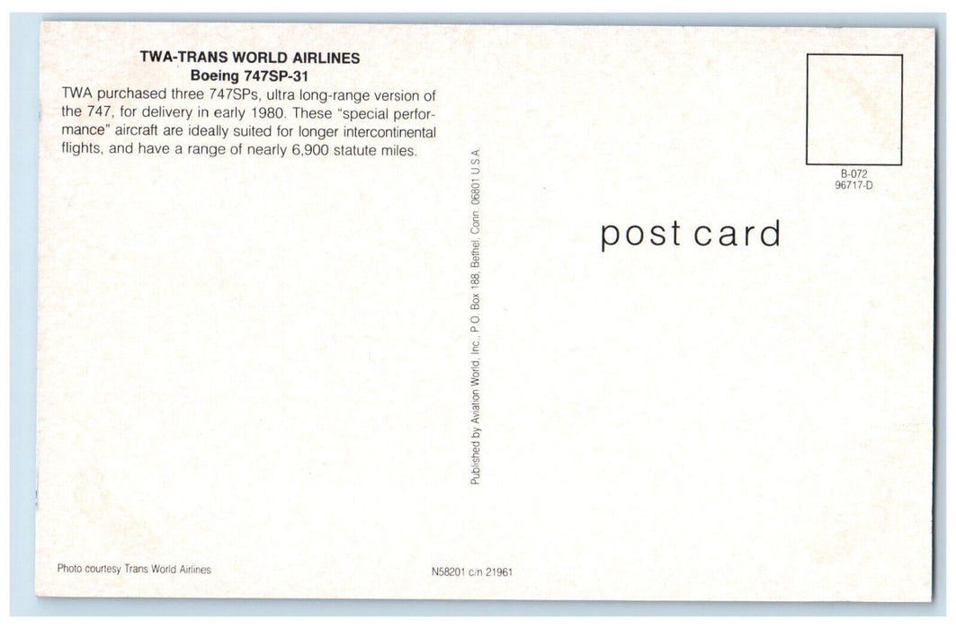 c1980's TWA-Trans World Airlines Boeing 747SP-31 N58201 Airplane Postcard