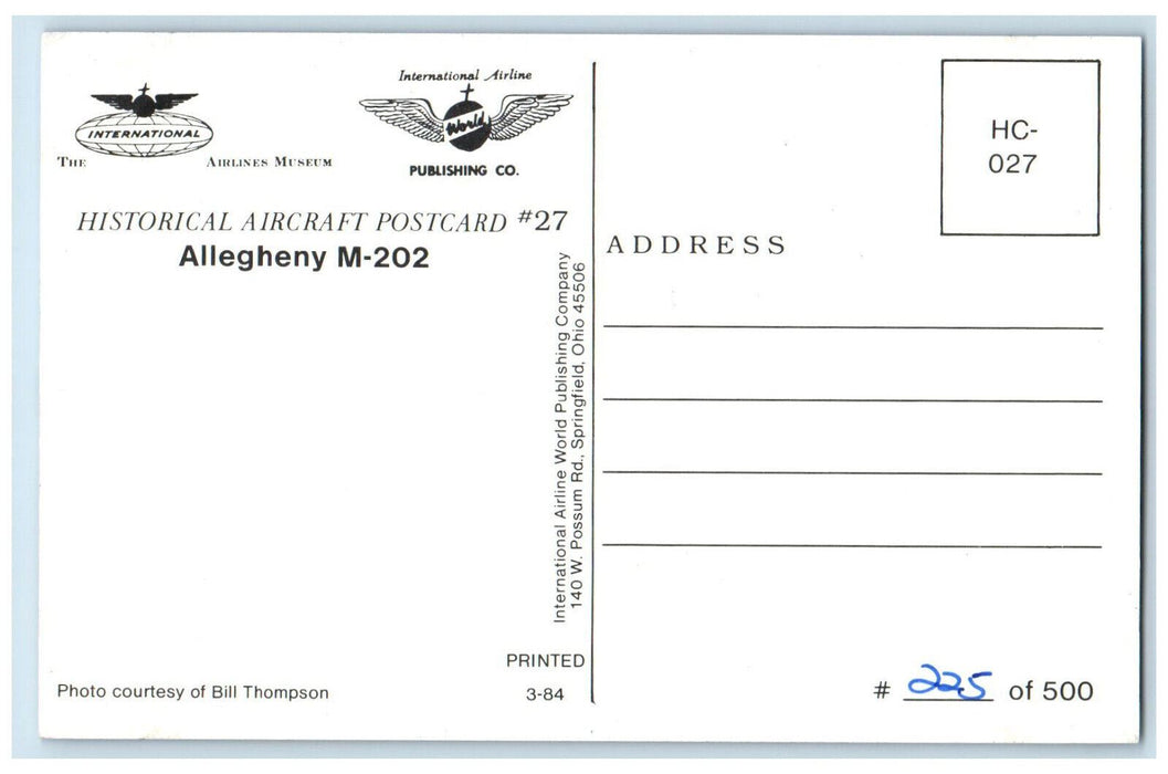 c1970s Allegheny M202 Cargoliner N176A Airplane #27 Historical Aircraft Postcard