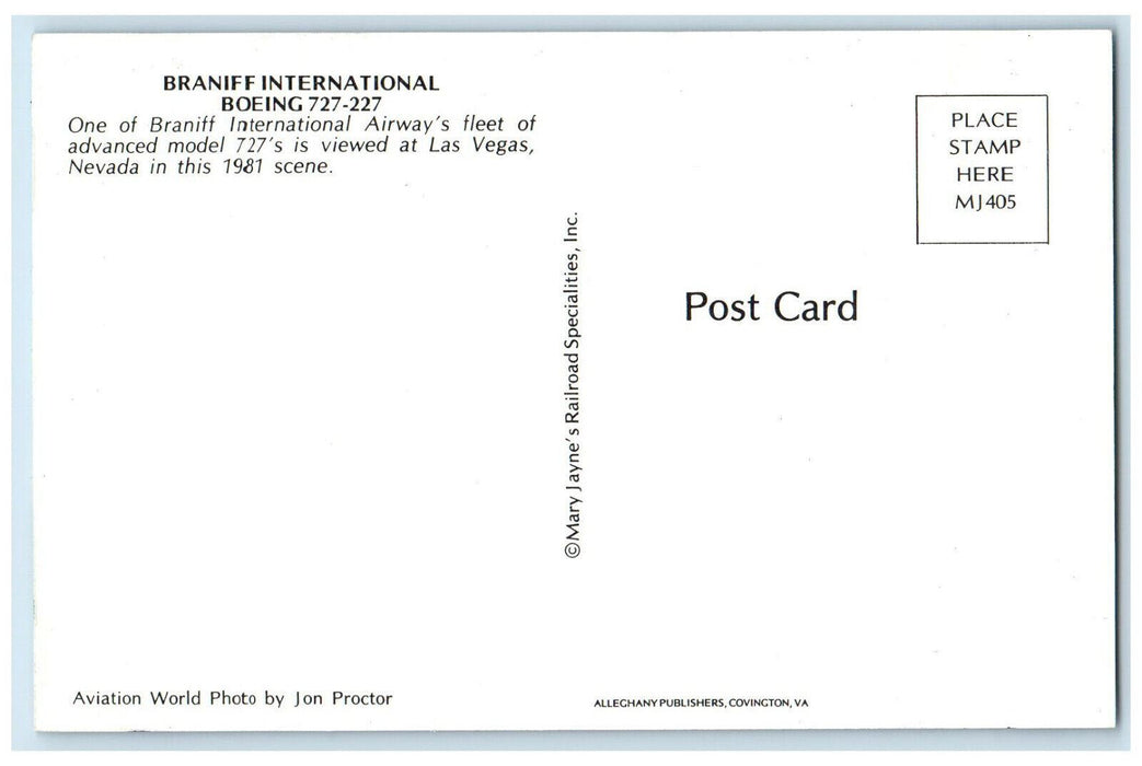 1981 Braniff International Boeing 727-227 Las Vegas NV Airplane Postcard