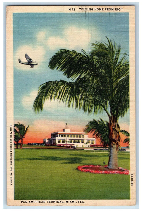 1937 Flying Home From Rio Pan American Terminal Miami Florida FL Cancel Postcard