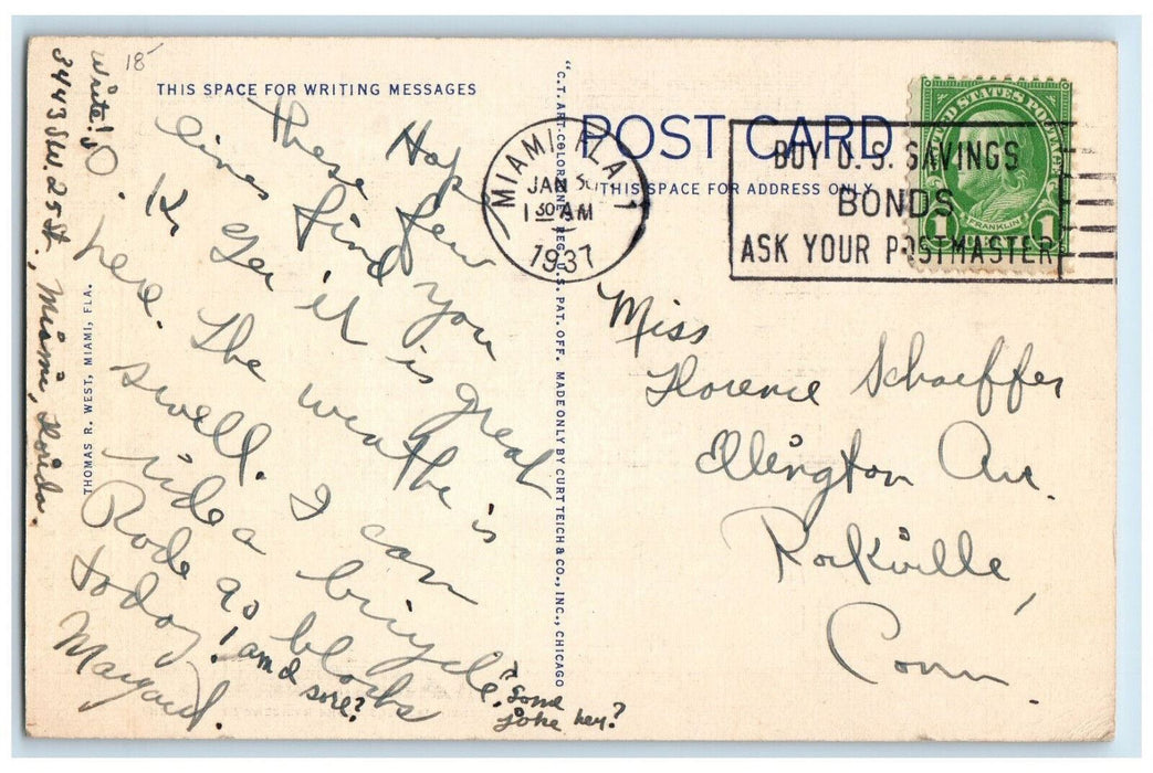 1937 Flying Home From Rio Pan American Terminal Miami Florida FL Cancel Postcard
