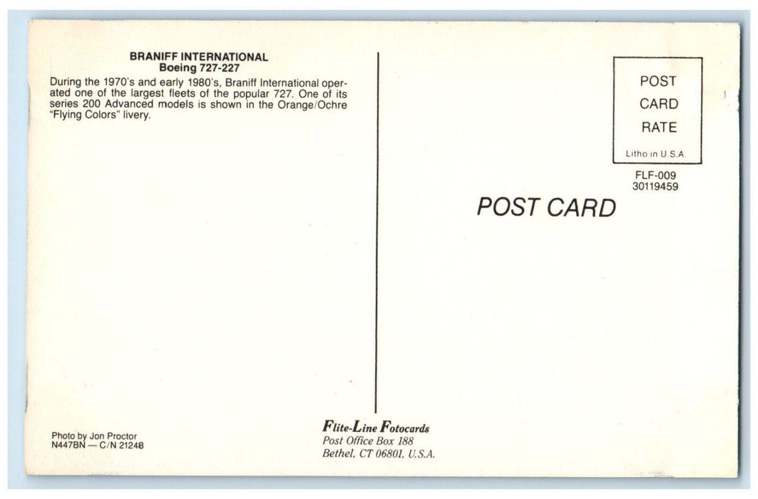 c1970's Left View, Braniff International Boeing 727-227 N447BN Airplane Postcard