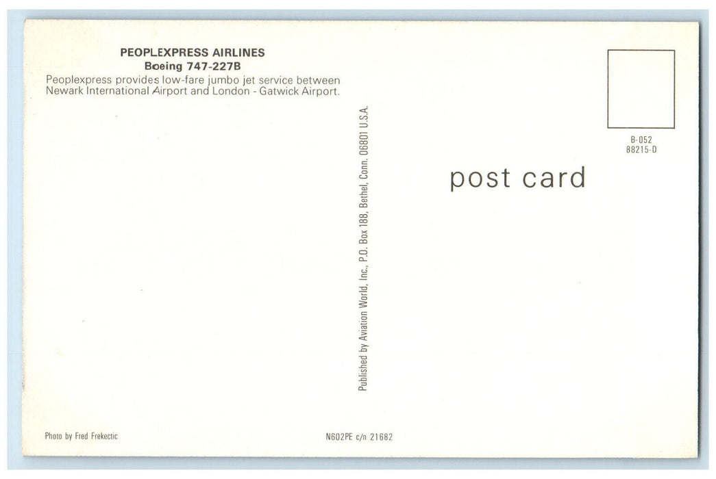 c1970's Peoplexpress Airlines Boeing 747-227B N602PE Airplane Postcard