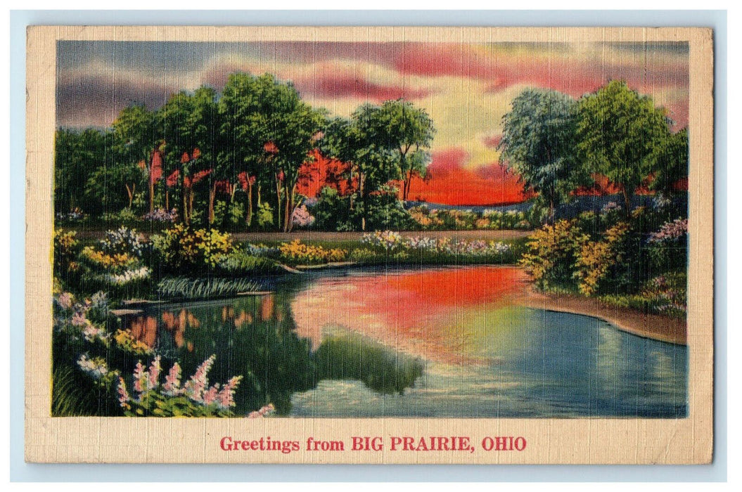 1944 River and Trees, Greetings from Big Prairie Ohio OH Vintage Postcard