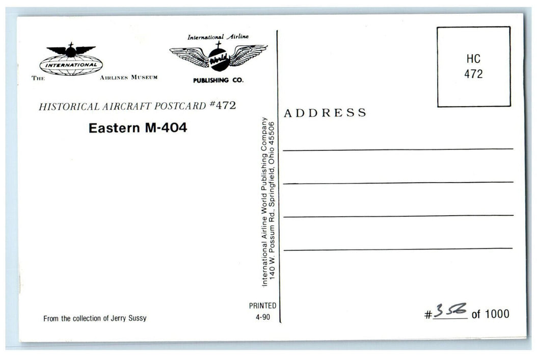 c1960's Fly Eastern Air Lines M-404 Airplane #472 Historical Aircraft Postcard