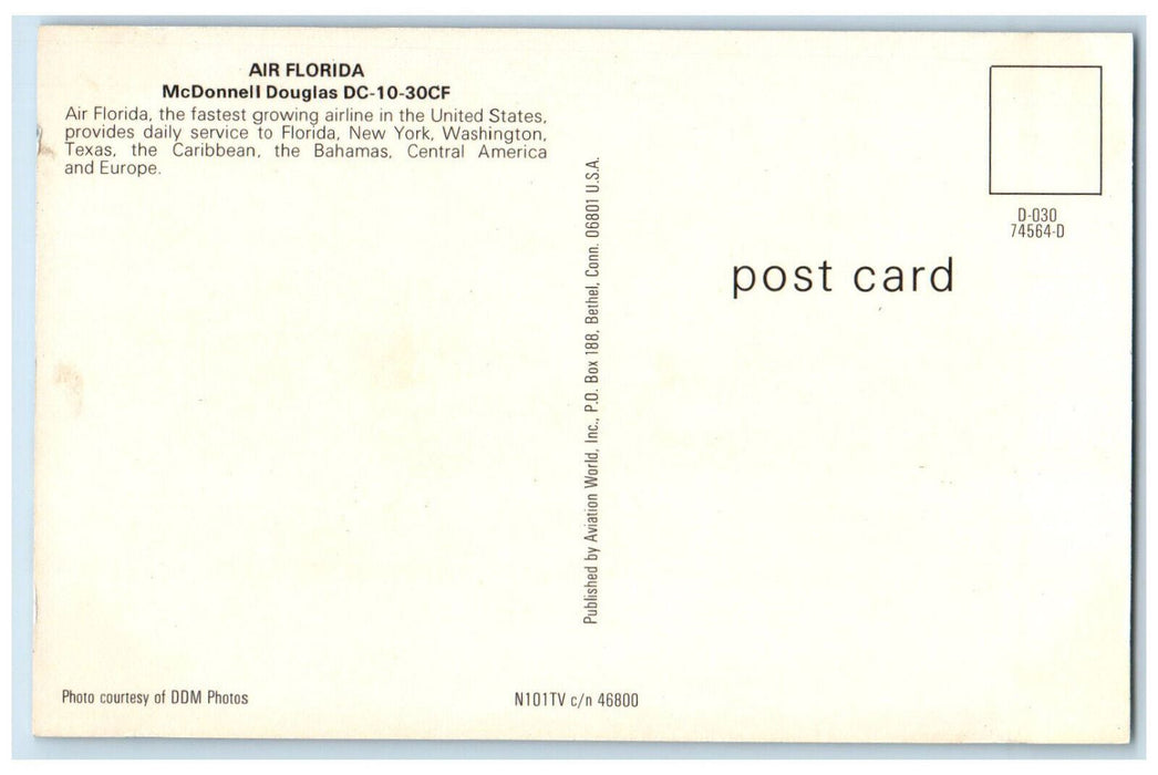 c1960's Air Florida McDonnell Douglas DC-10-30CF Airplane N101TV Postcard