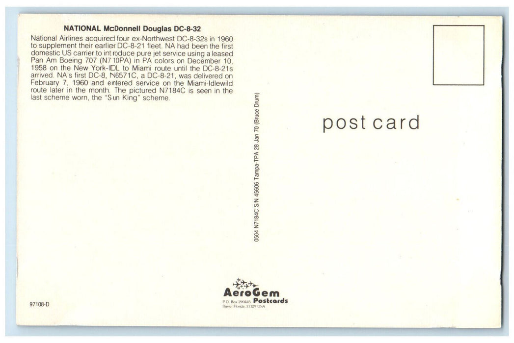 c1960's Sun King Scheme National McDonnell Douglas DC-8-32 Airplane Postcard