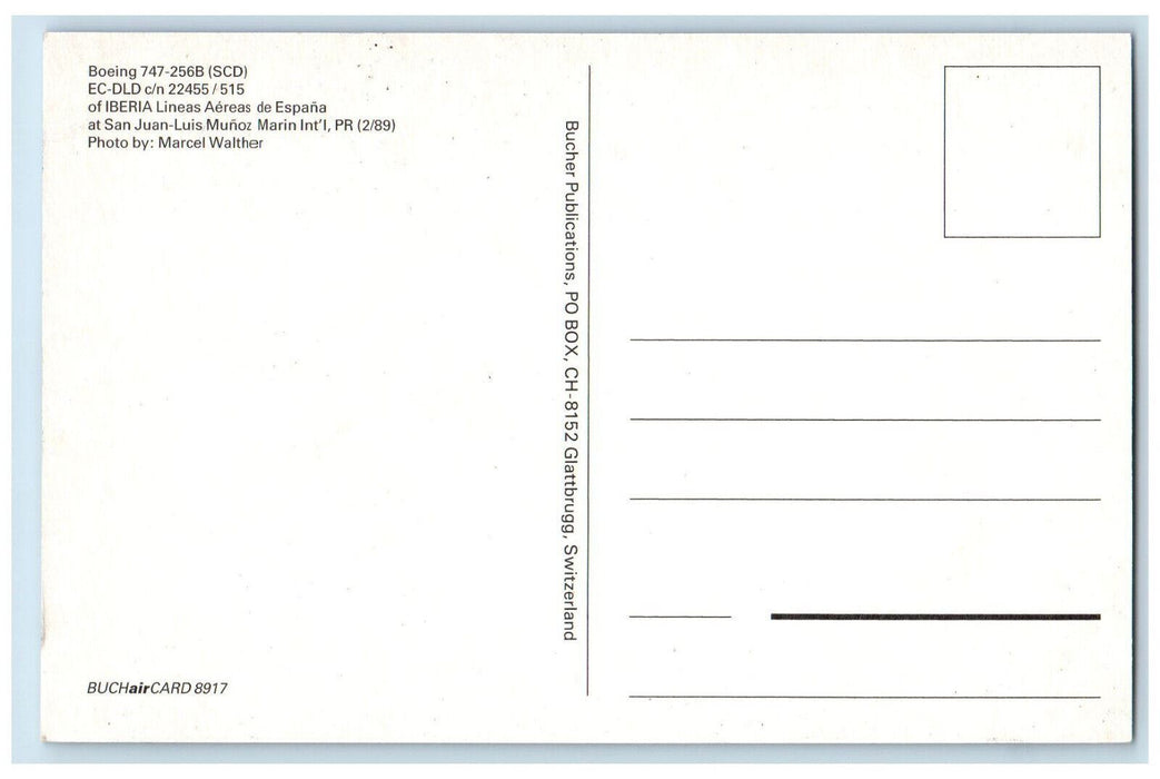 1989 Iberia Lineas Aereas De Espana Boeing 747-256B Airplane Postcard